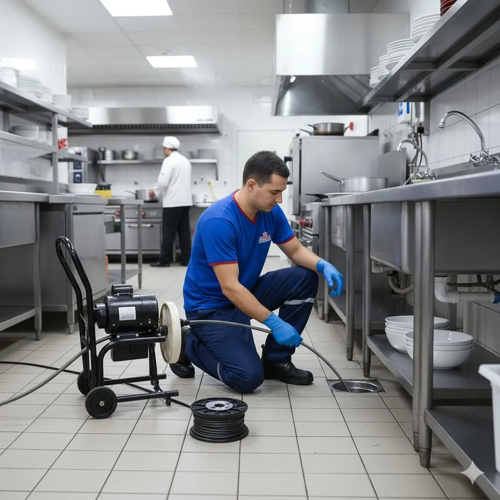 Técnico da Suprema desentupindo ralo de cozinha industrial de restaurante no bairro Centro, Pacajus